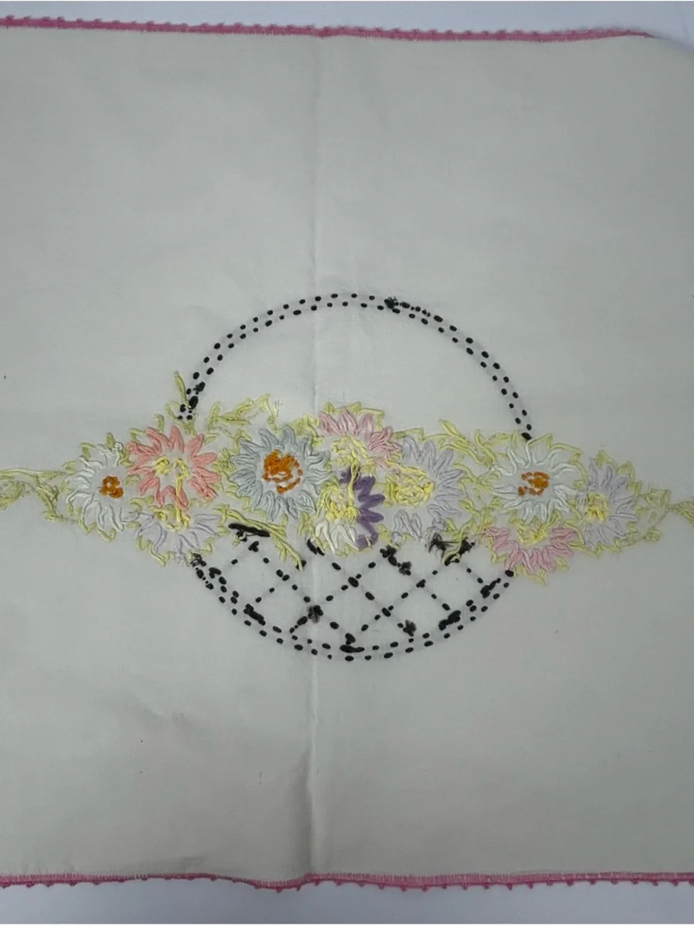 Vintage Embroidered Floral Basket Table Runner Cream Pastel Florals Cottagecore